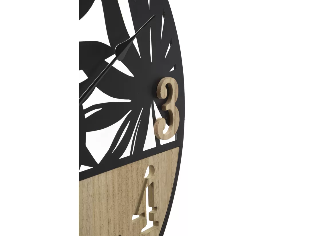 Horloge Murale palm - Métal et Bois, Design Inspiré des Feuilles Tropicales, Ø 60 x 2,5 cm