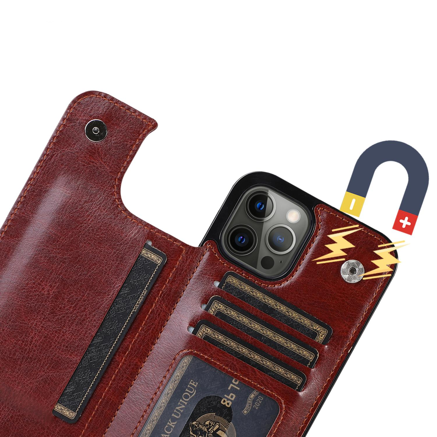iPhone 14 Pro Max Hybrid Leder Hülle mit Kartenfach   Kickstand Aufsteller - Braun