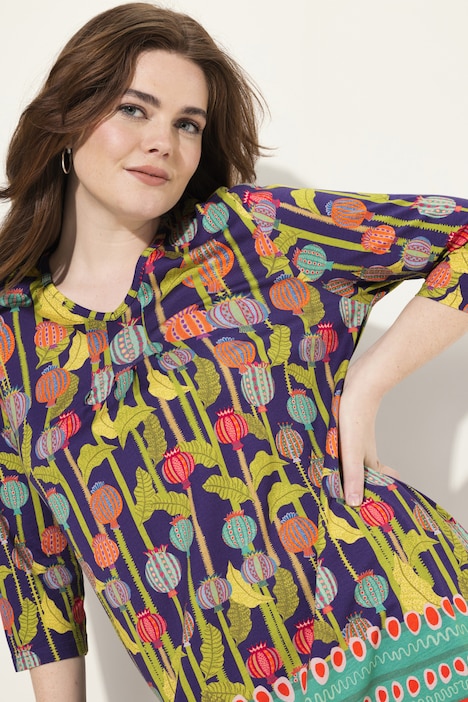 Longshirt, A-Linie, Zierfalten, V-Ausschnitt, 3/4-Arm
