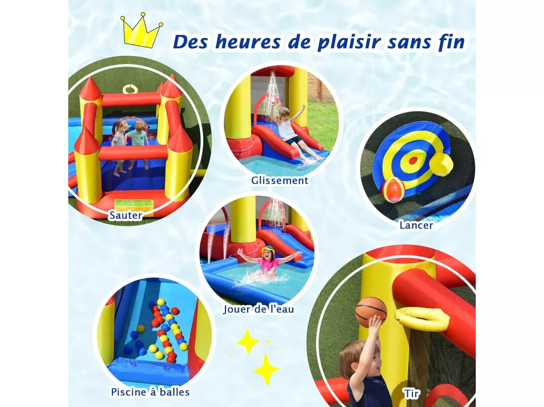 Toboggan Aquatique Gonflable Gonfleur 480W Zone de Saut,Pataugeoire,Piscine à Balles,Panier de Basket-ball,Jeu de Lancer