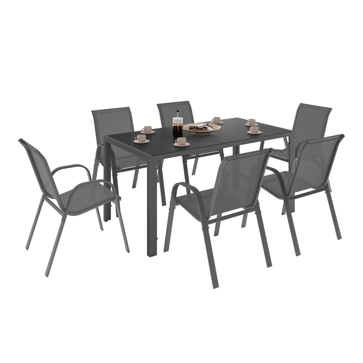 Salon de jardin MADRID table 150 CM et 6 chaises empilables gris anthracite