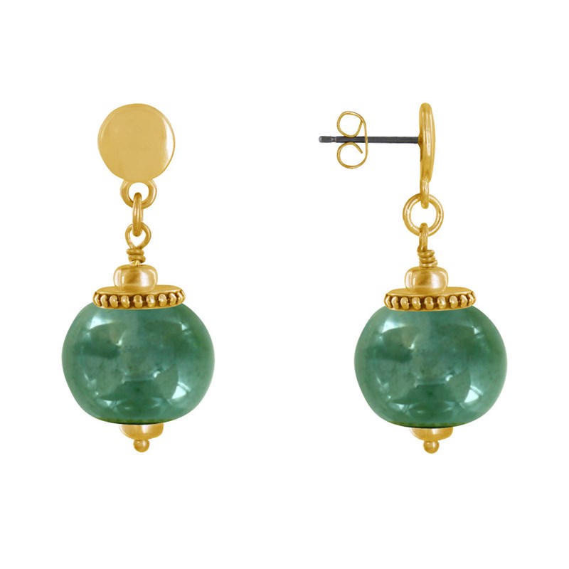 Boucles d'Oreilles Clous Métal Doré et Grosses Perles en Céramique