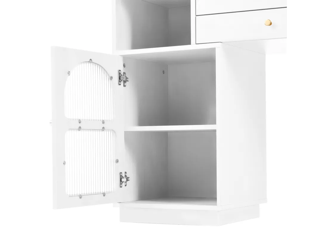 Coiffeuse avec miroir et éclairage LED - 3 tiroirs et une armoire latérale - Blanc(tabouret non inclus)