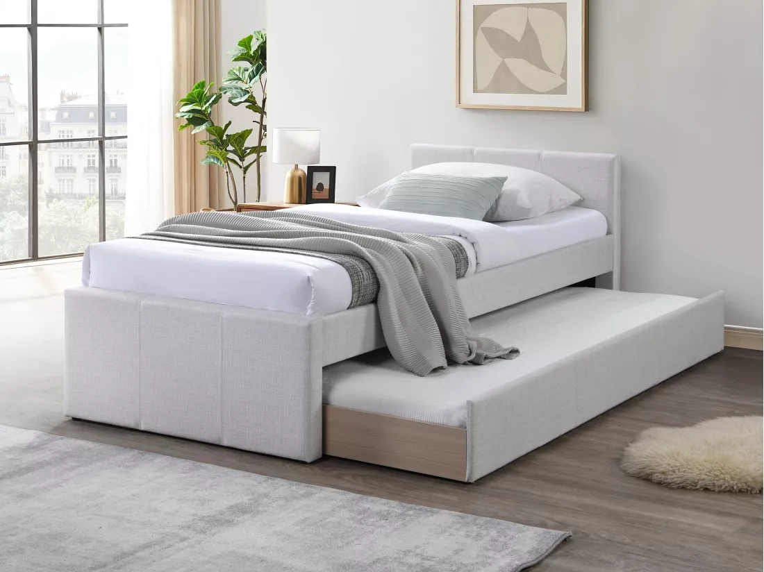 Lit gigogne 90 x 190 cm - Tissu - Beige + Matelas - DORITALO