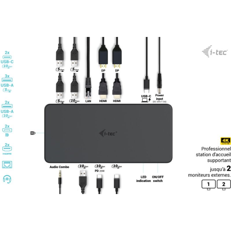 i-tec USB 3.0 / USB-C / Thunderbolt 3 Professional Dual 4K Display Docking Station Generation 2 + Power Delivery 100W