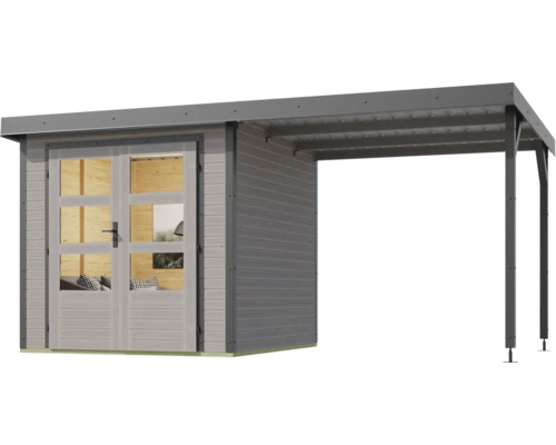 Karibu Metalwood tuinhuis, plaatstaal, stofgrijs, inclusief vast dak, 453 x 237 cm, watergrijs
