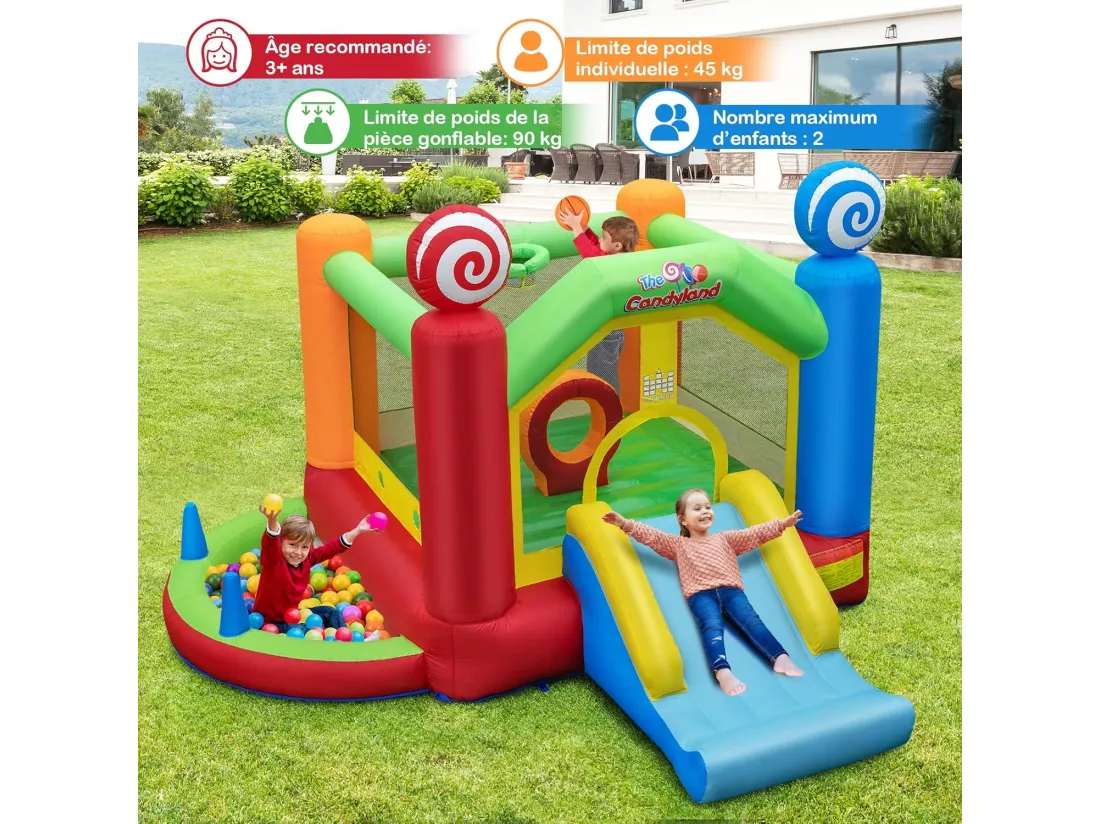 Château Gonflable avec Souffleur 680W, Maison de Saut Géante Intérieure Extérieure avec Toboggan, Décorations de Sucette, 50 Balles Océanique, Panier de Basket-Ball pour Enfants 3 Ans +