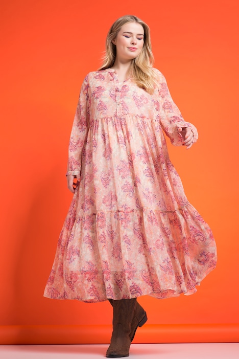 Maxikleid, A-Line, doppellagig, Paisley Print, Langarm