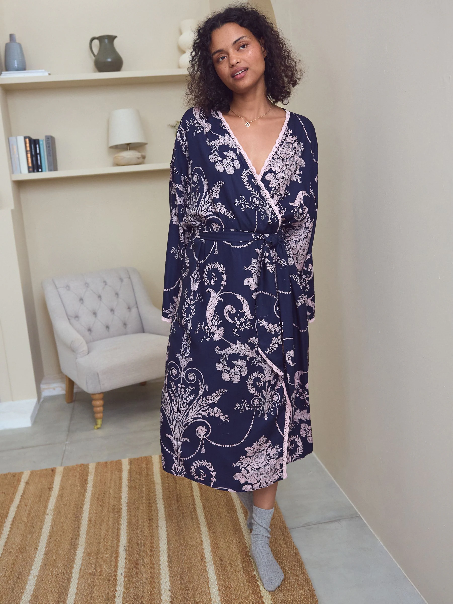 Donkerblauw/roze - Laura Ashley Josette badjas