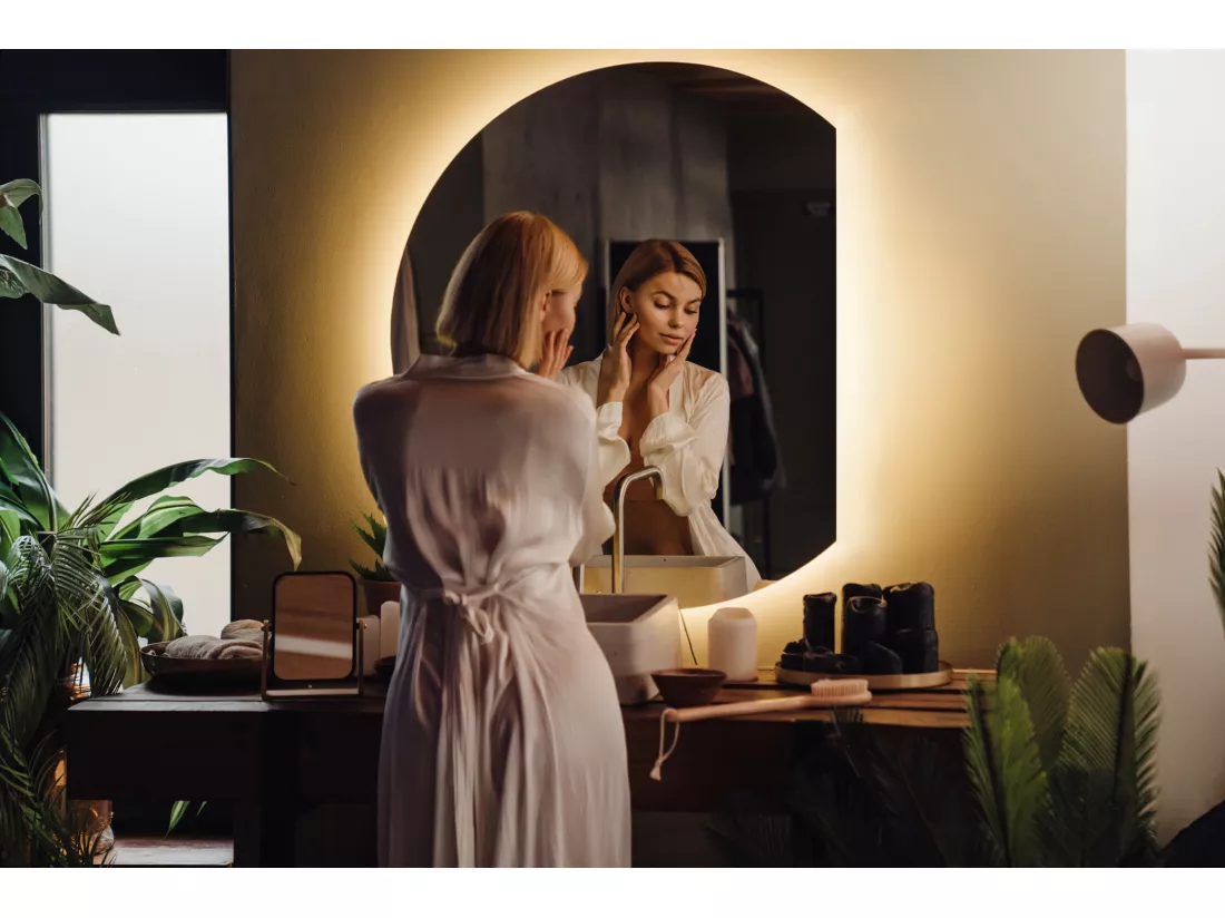 Miroir rond biseauté, miroir moderne avec rétroéclairage LED - 100 cm - Lumière chaude