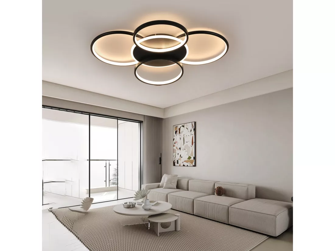NETTLIFE Plafonnier LED salon dimmable 70W avec télécommande 5 anneaux blanc moderne acrylique