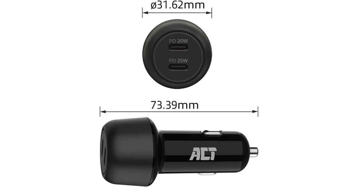 ACT Connectivity2-poorts USB-C Fast Charge Autolader 45W met Power Delivery  (Zwart)