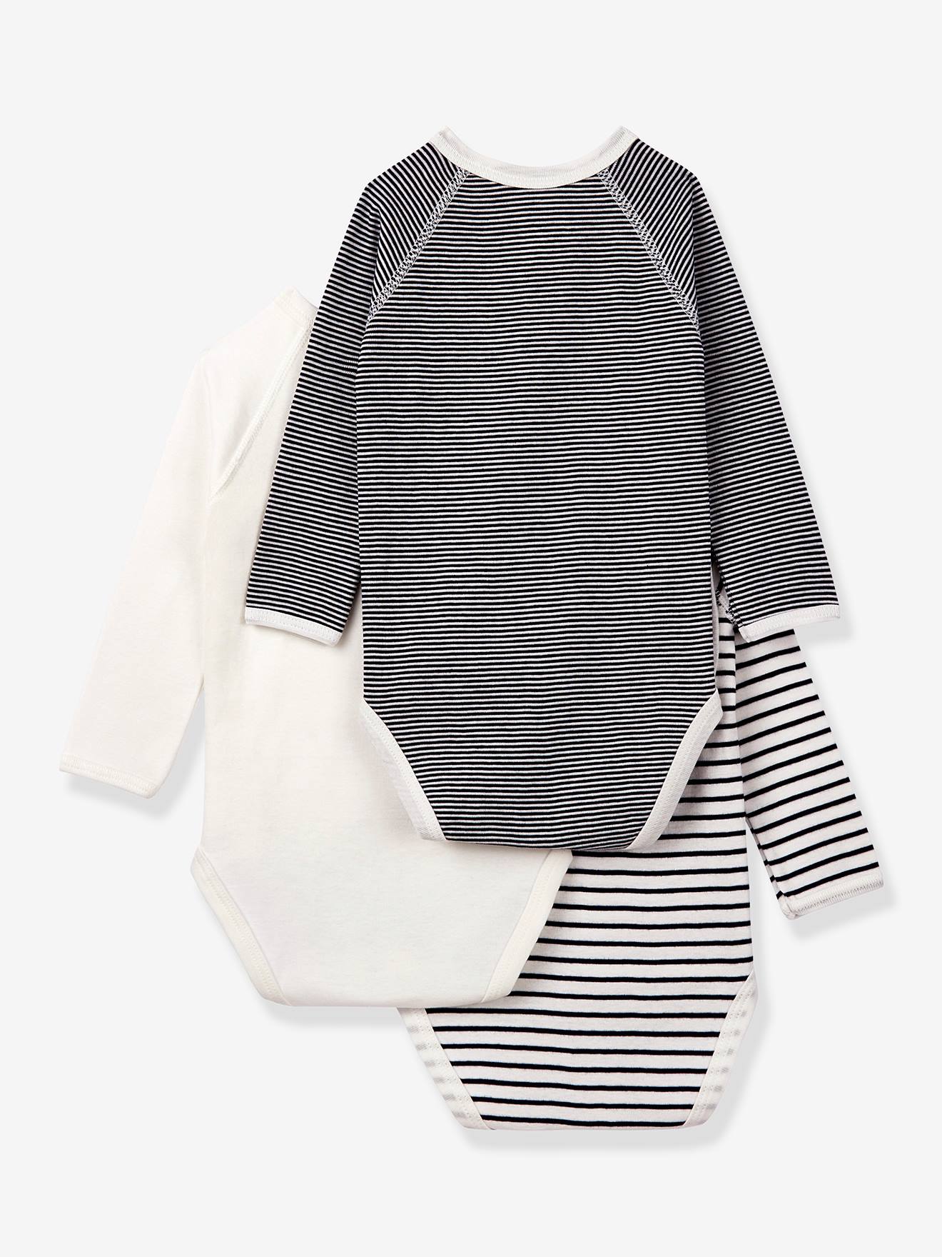 Conjunto de 3 bodies listrados de manga comprida com decote cruzado para recém-nascidos, confeccionados em algodão orgânico pela PETIT BATEAU. Azul médio, bicolor/multicolorido.