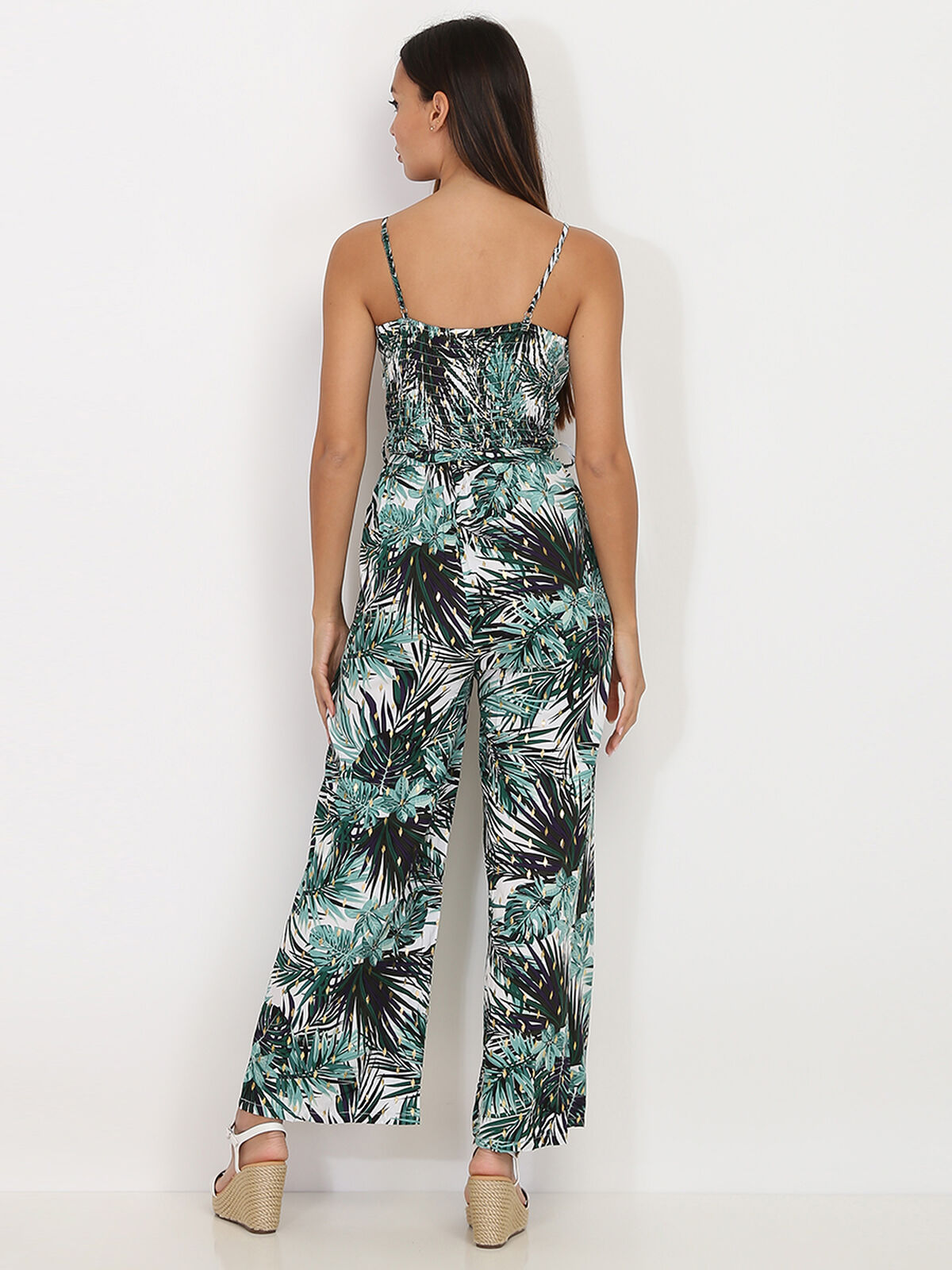 Combinaison pantalon à imprimé tropical- Blanc