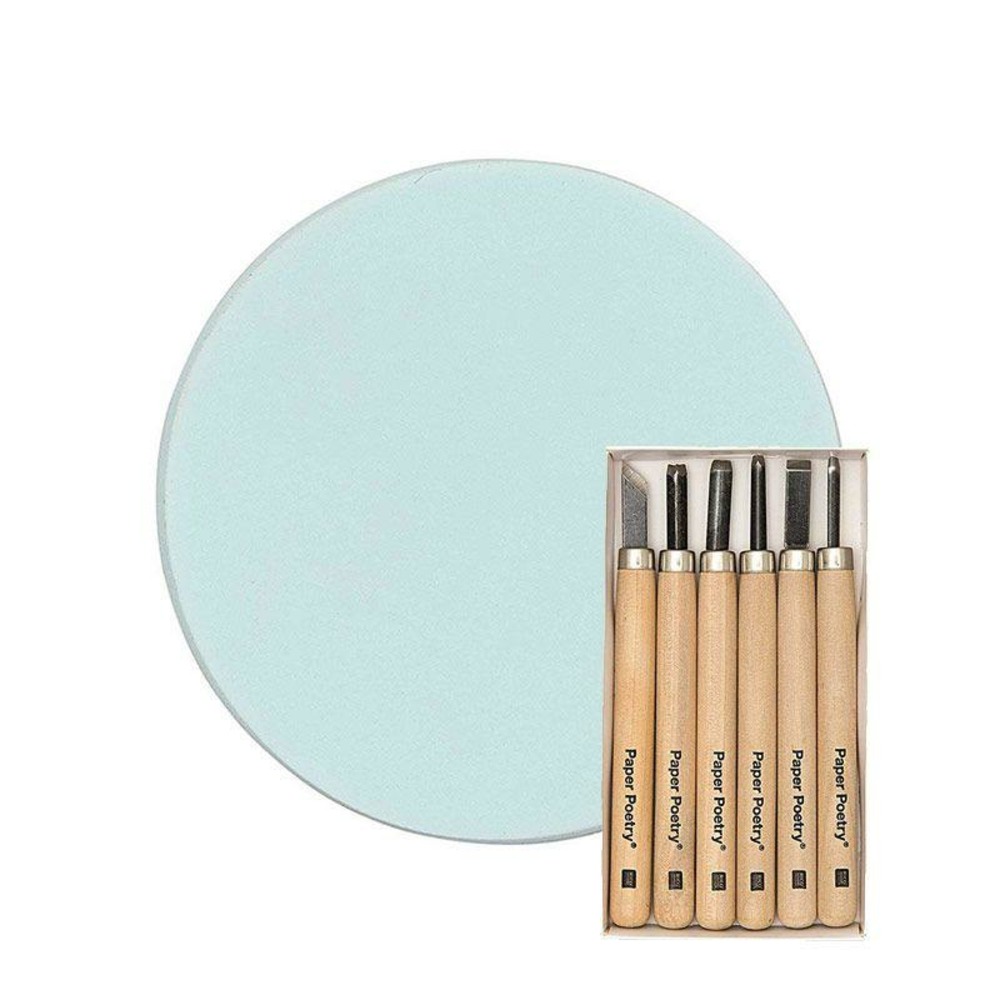 Plaque de caoutchouc rond ø 4 cm pour tampons + 6 couteaux à sculpter
