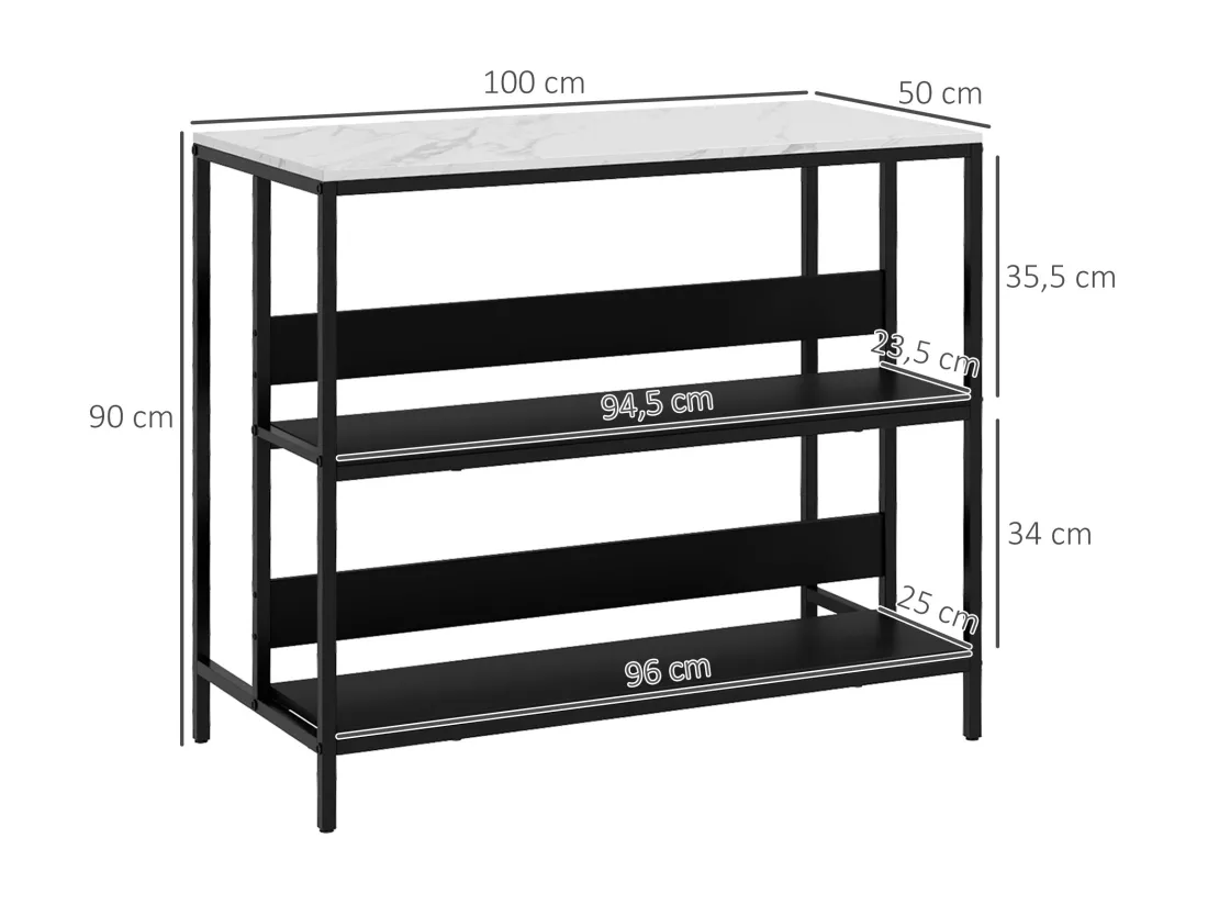 Îlot central de cuisine - 2 étagères, plateau - dim. 100L x 50l x 90H cm - châssis acier panneaux noirs plateau aspect marbre blanc
