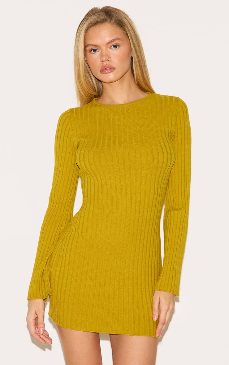 Vert Olive Robe Courte En Maille Côtelée