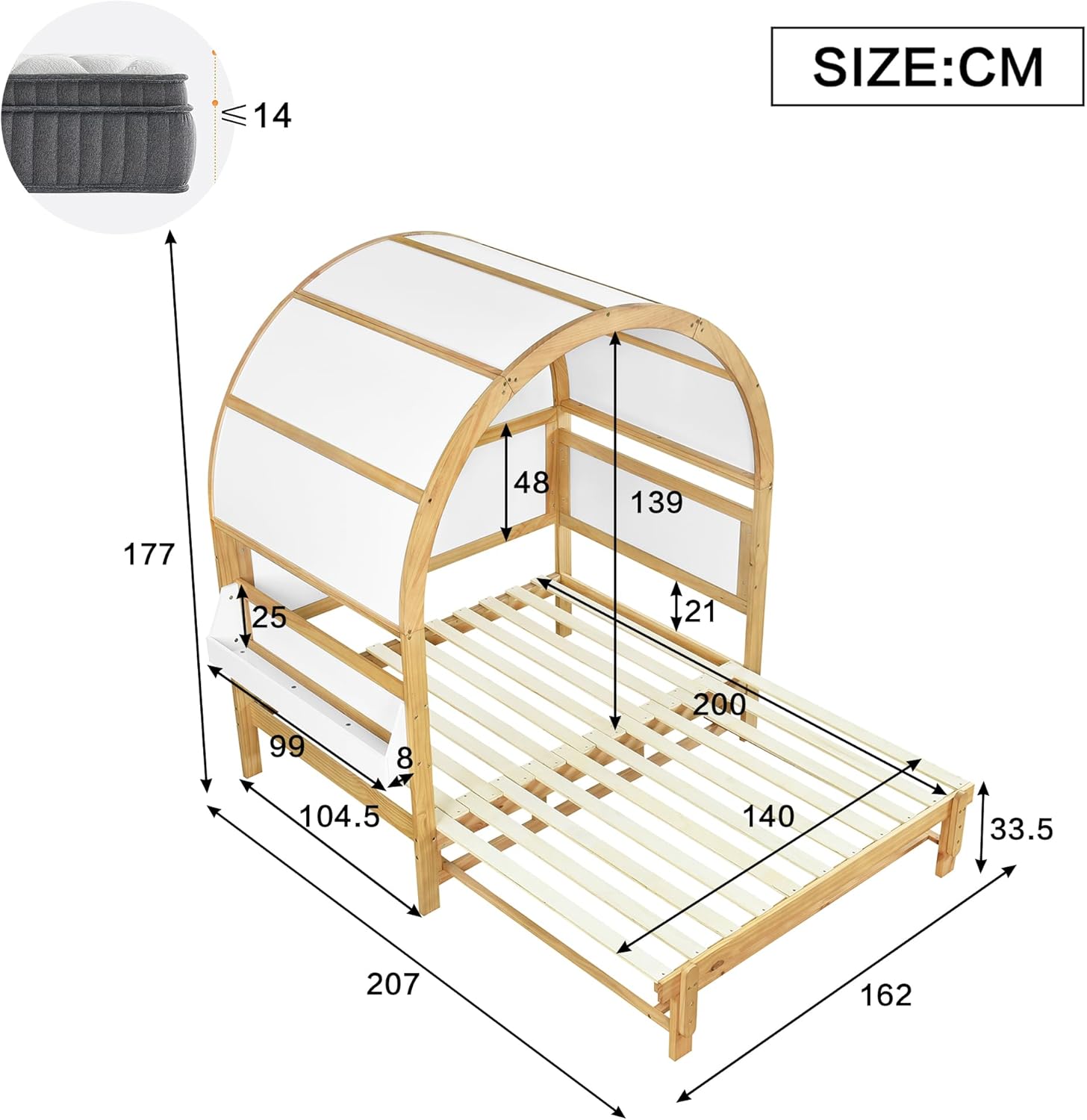 Merax Kinderbett 140x200 cm mit Ausziehbett, Gewölbtes Dachbett Hausbett, Tagesbett mit Ablagefläche, Erweiterbares Schiebebett aus Kiefer+MDF, Weiß/Natur, Stabiler Lattenrost, Ohne Matratze
