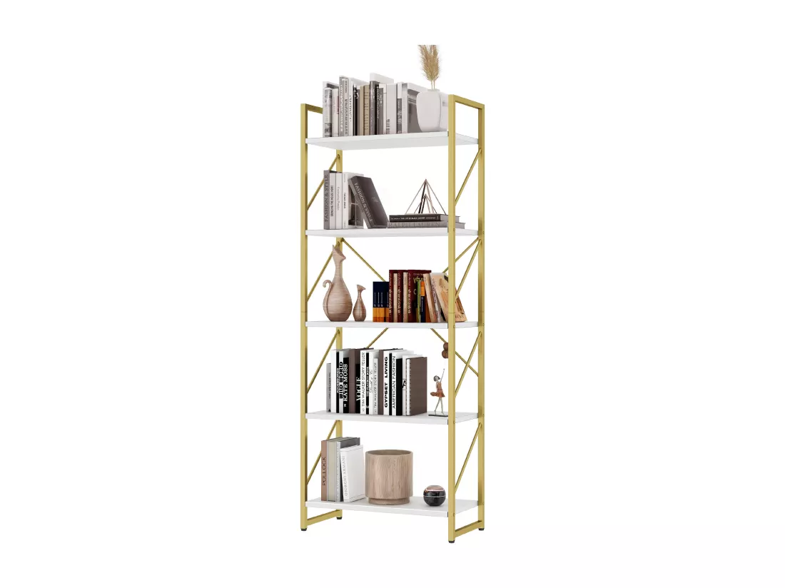 YITAHOME Bibliothèque à 5 niveaux, étagère de rangement, étagères pour livres, 30x60x158cm (Blanc&Or)