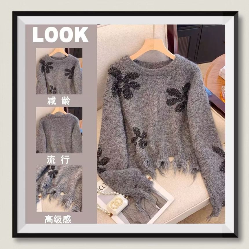 Dute - Ronde hals bloemen trui met distressed effect