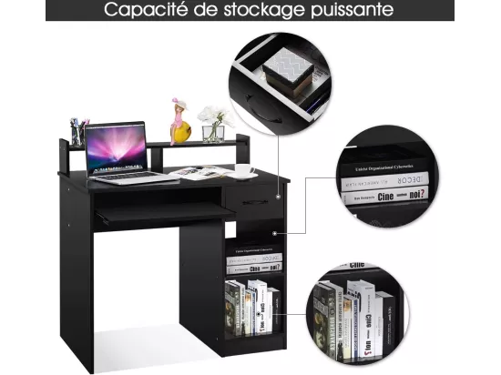 Bureau d'Ordinateur, Bureau d'Ecriture avec Tiroir de Rangement et 2 Etagères, Plateau à Clavier Coulissant pour Maison, Bureau, Salle d’Etude, Poste de Travail, Noir