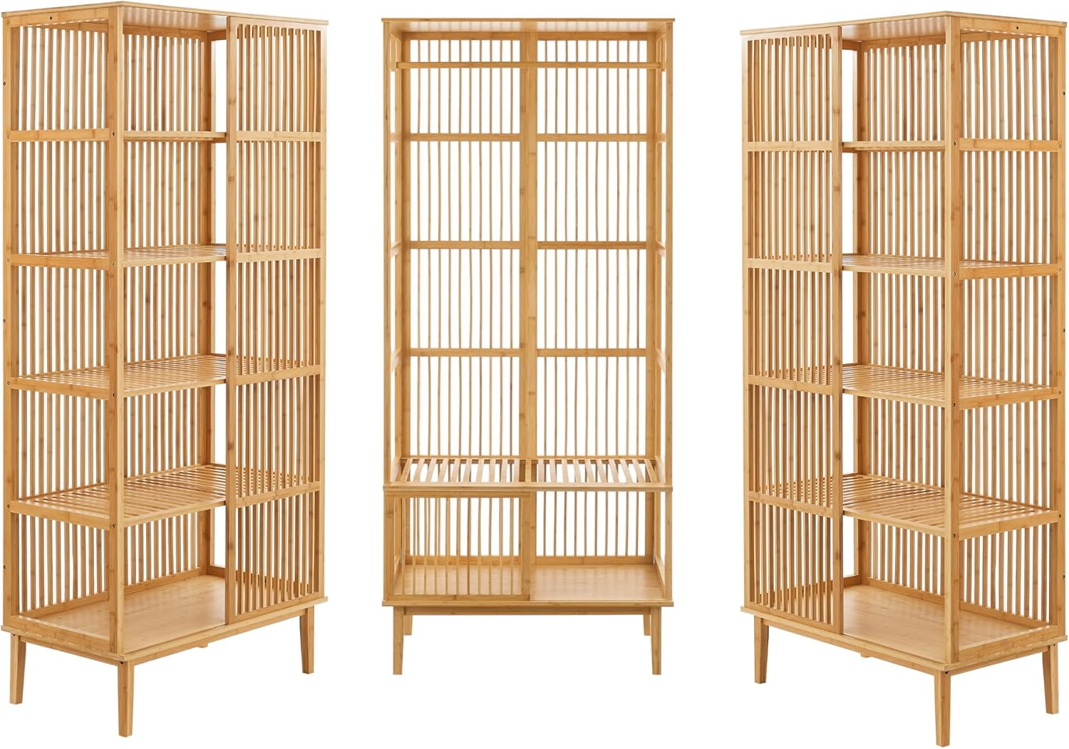 [en.casa] Garderobenset Trundholm + Vemb 185 x 240 x 45 cm aus Bambus 2 x Standregal mit 5 Ablagefächern und 1 x Garderobenständer für Flur Schlafzimmer Wohnzimmer