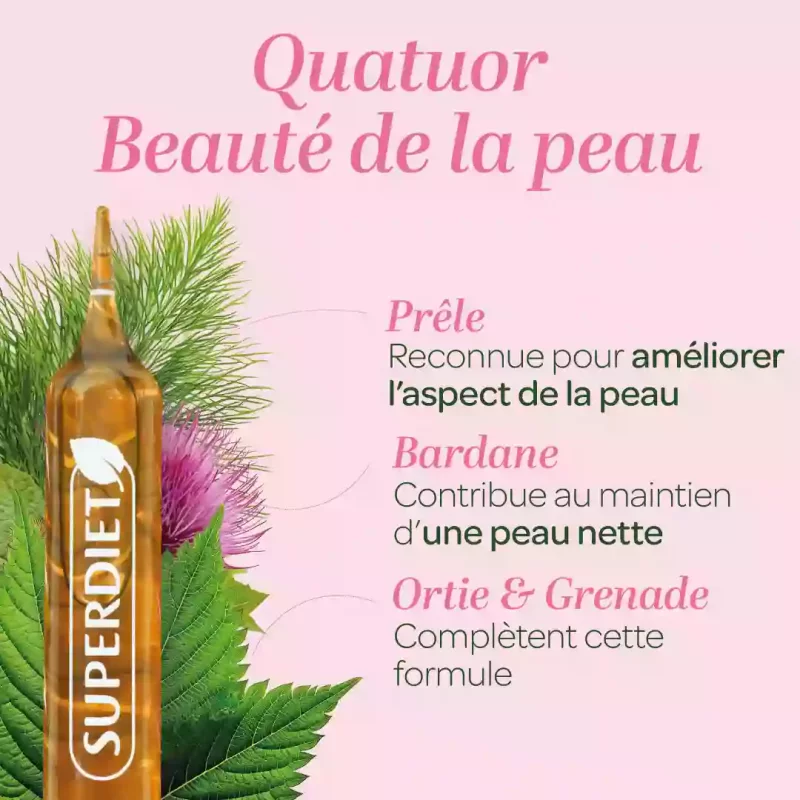 QUATUOR BEAUTE PEAU BIO – Prêle, Bardane, Ortie, Grenade – 20 Ampoules de 10ml
