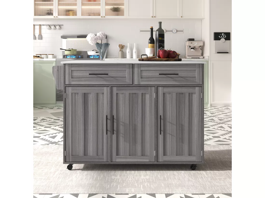 Ilot central de cuisine avec 2 tiroirs - Plateau extensible - pieds en roulettes ou en bois massif - Gris