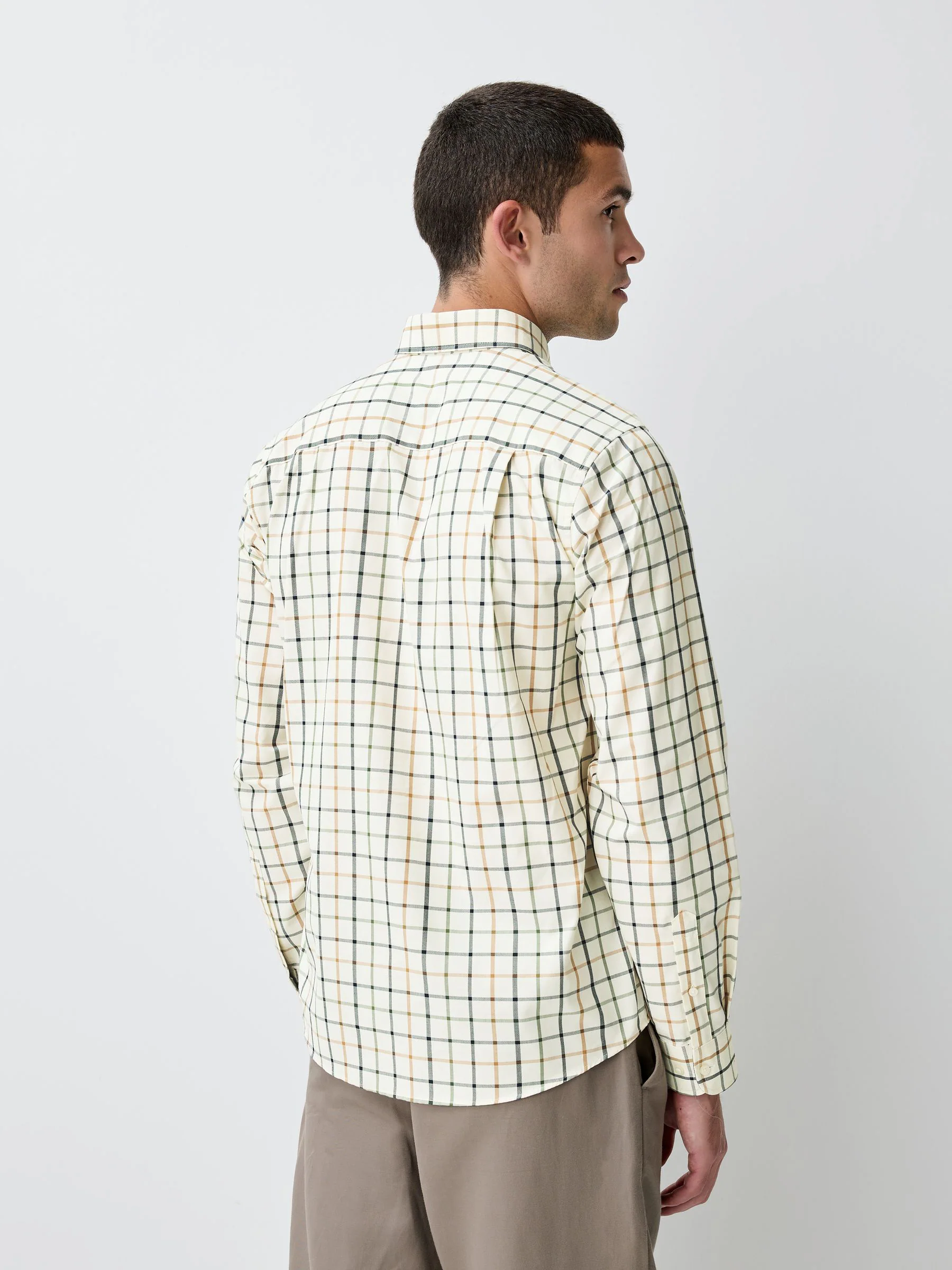 Ecru Tattersall/Neutral Green Gingham - Set van 2 stuks strijkvrije Oxford-overhemden
