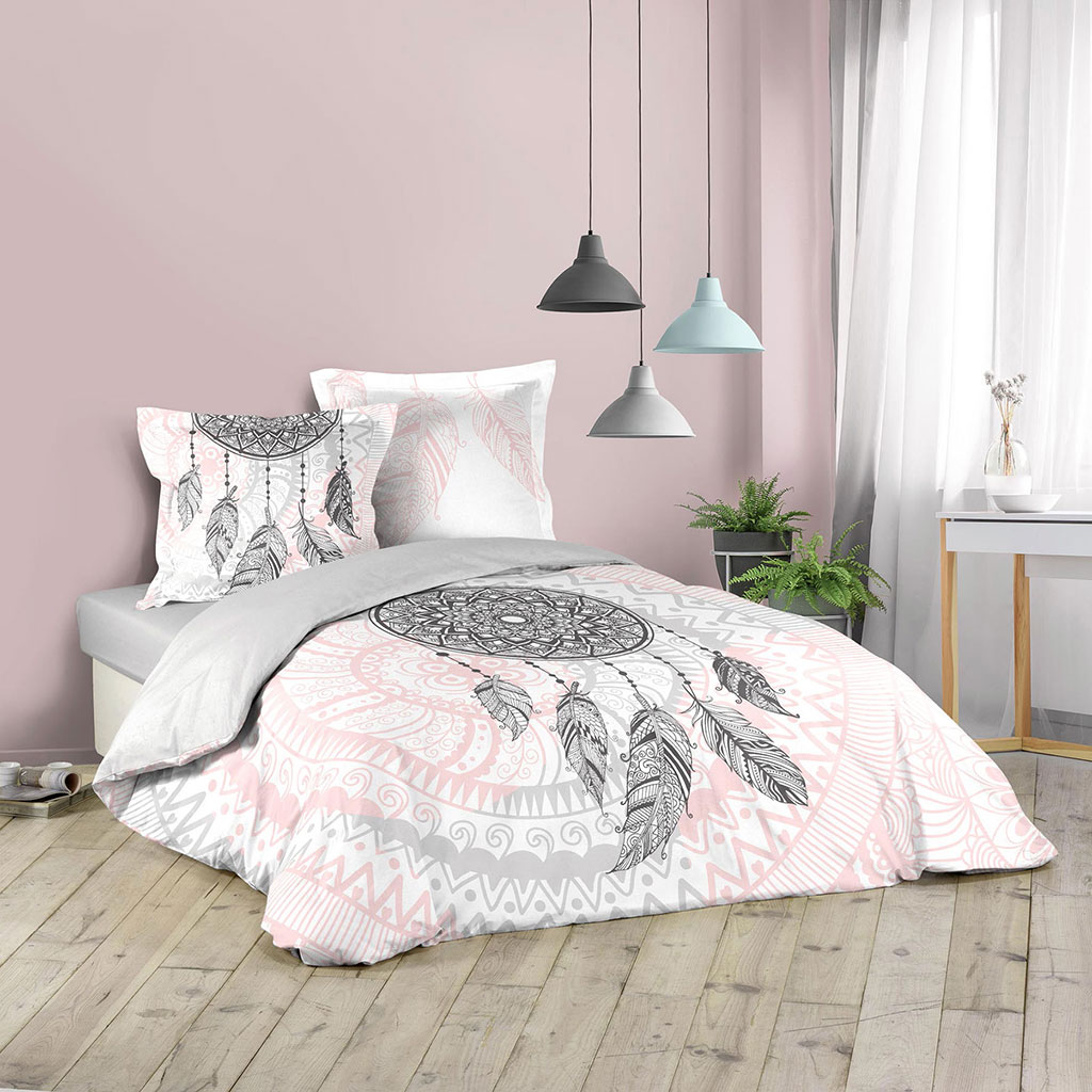 Parure housse de couette coton attrapes-rêves gris, blanc et rose 240x220cm