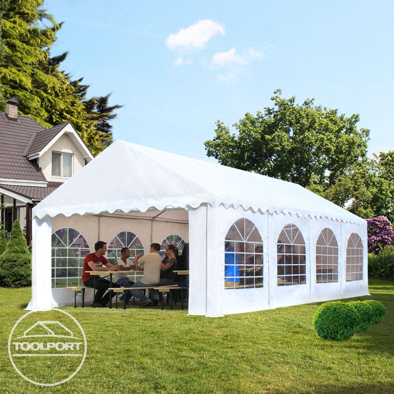 TOOLPORT Festzelt Partyzelt 4x6 m schwerentflammbar Premium, hochwertige PVC Plane 750 N in weiß 100% wasserdicht mit Bodenrahmen