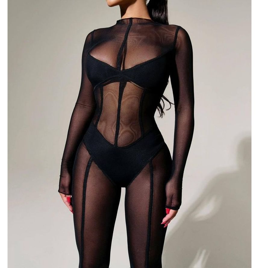 Ragom - Skinny jumpsuit met lange mouwen en een mockneck, effen mesh