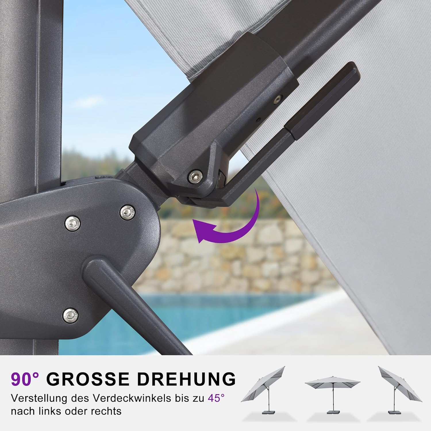 PURPLE LEAF Sonnenschirm Twist 270 x 365 cm Ampelschirm Rechteckig aus Acrylimitat, Beidseitig Axial Schwenken, 360° Drehbar, Alu Gartenschirm, UV50+, Kieselgrau