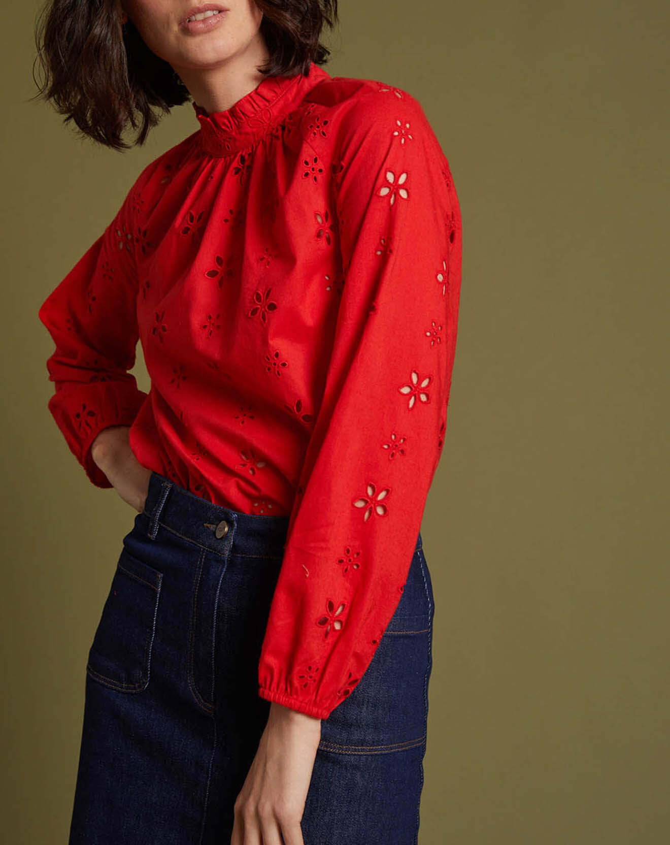 Cyrillus Blouse en broderie anglaise rouge