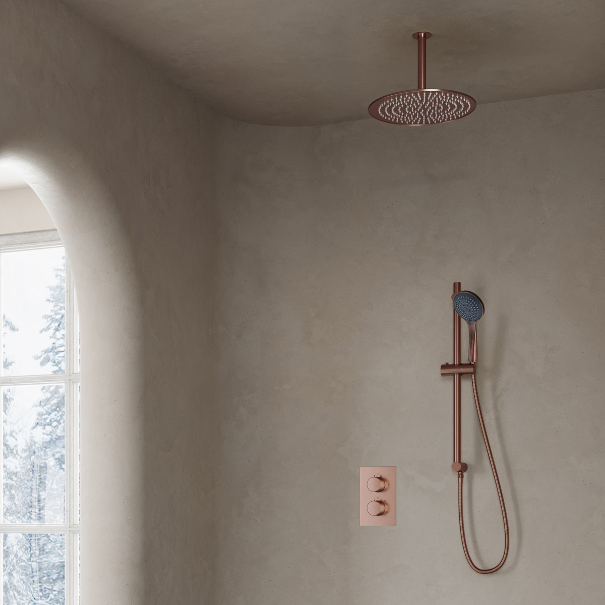 Saniclear Copper inbouwregendouche 30cm met plafondarm, 3 standen handdouche en glijstang geborsteld koper