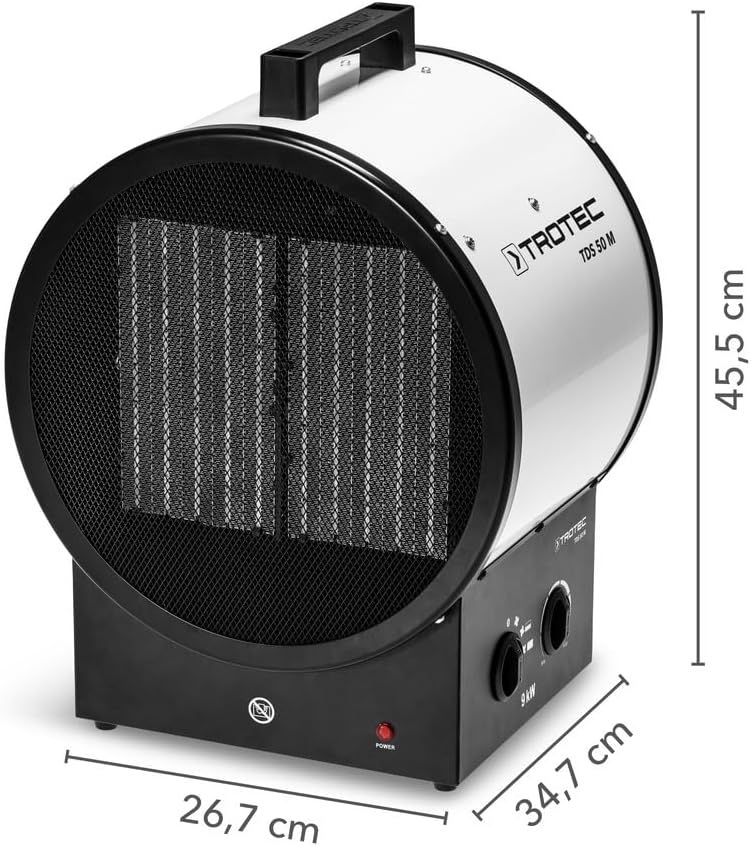 TROTEC Bauheizer elektrisch TDS 50 M – Heizleistung 0,08 kW / 6 kW / 9 kW – Elektroheizer Luftmenge 1180 m³/h – Heizlüfter mit Thermostat, Keramik