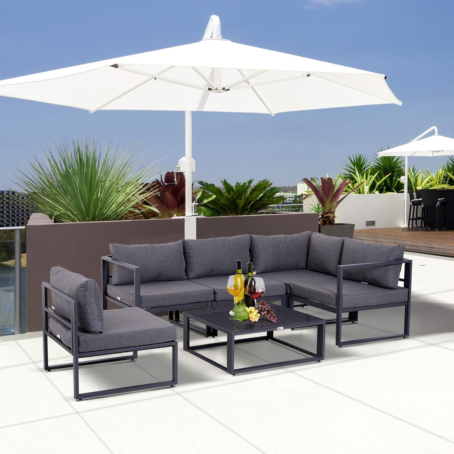 Outsunny 6-TLG. Gartengarnitur Gartenset Gartensofaset Sitzgruppe Gartenmöbel Alu+ Polyester + Hartglas Grau 4 x Sessel 1 x Ecksofa 1 x Beistelltisch Kissen für 4–5 Personen