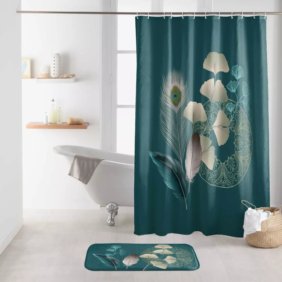 Rideau de douche à anneaux (180 x 200 cm) Ginkoblue Bleu