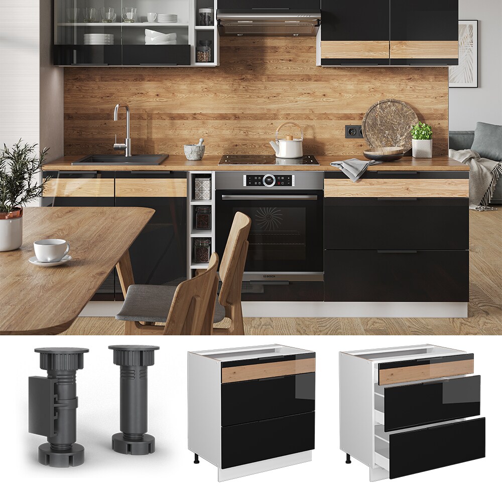 Vicco Schubladenunterschrank Küchenschrank Küchenmöbel Fame-Line Weiß Schwarz Eiche 80 cm modern Hochglanz