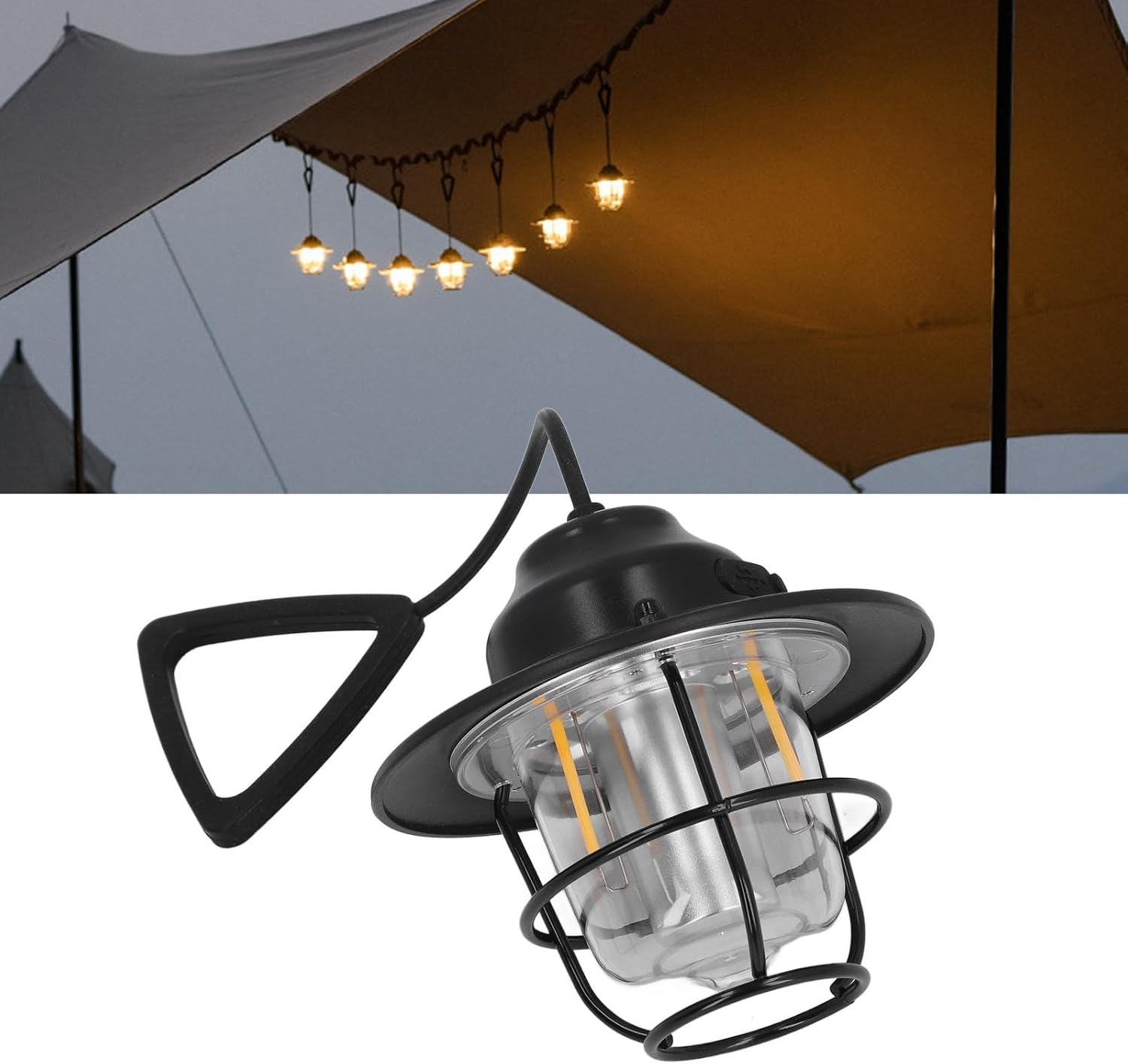 USB LED Retro Outdoor Hängelampe Camping Laterne Spritzwassergeschützt IPX4   2000mAh Akku - Schwarz