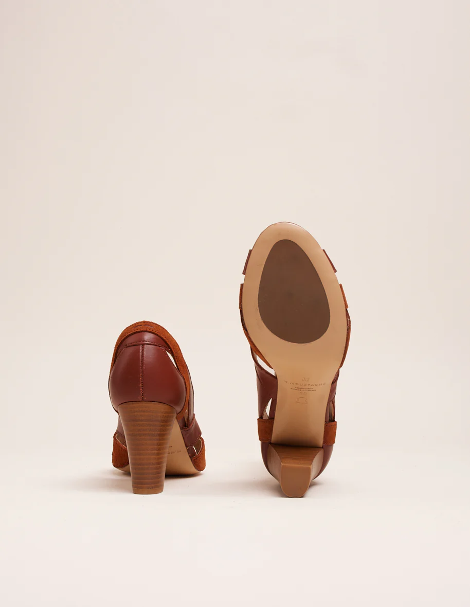 Sandales à talons Clémentine H - Cuir cognac et suède