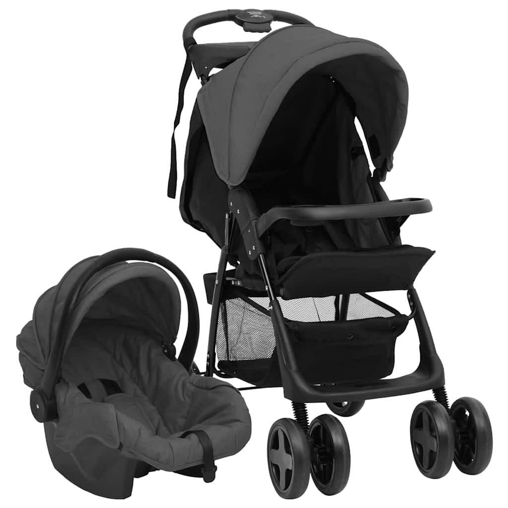 vidaXL 3-in-1 kinderwagen, donkergrijs en zwart, staal