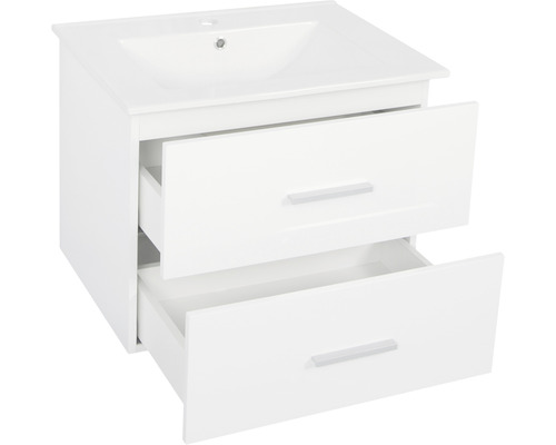 Badkamermeubelset Differnz Luka 60 x 170 x 48 cm, frontkleur wit hoogglans, wastafel wit en wastafelspiegel met LED-verlichting, badmeubel