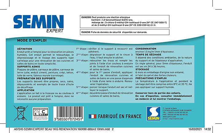 Enduit de rénovation cuisine et salle de bain Semin 1kg