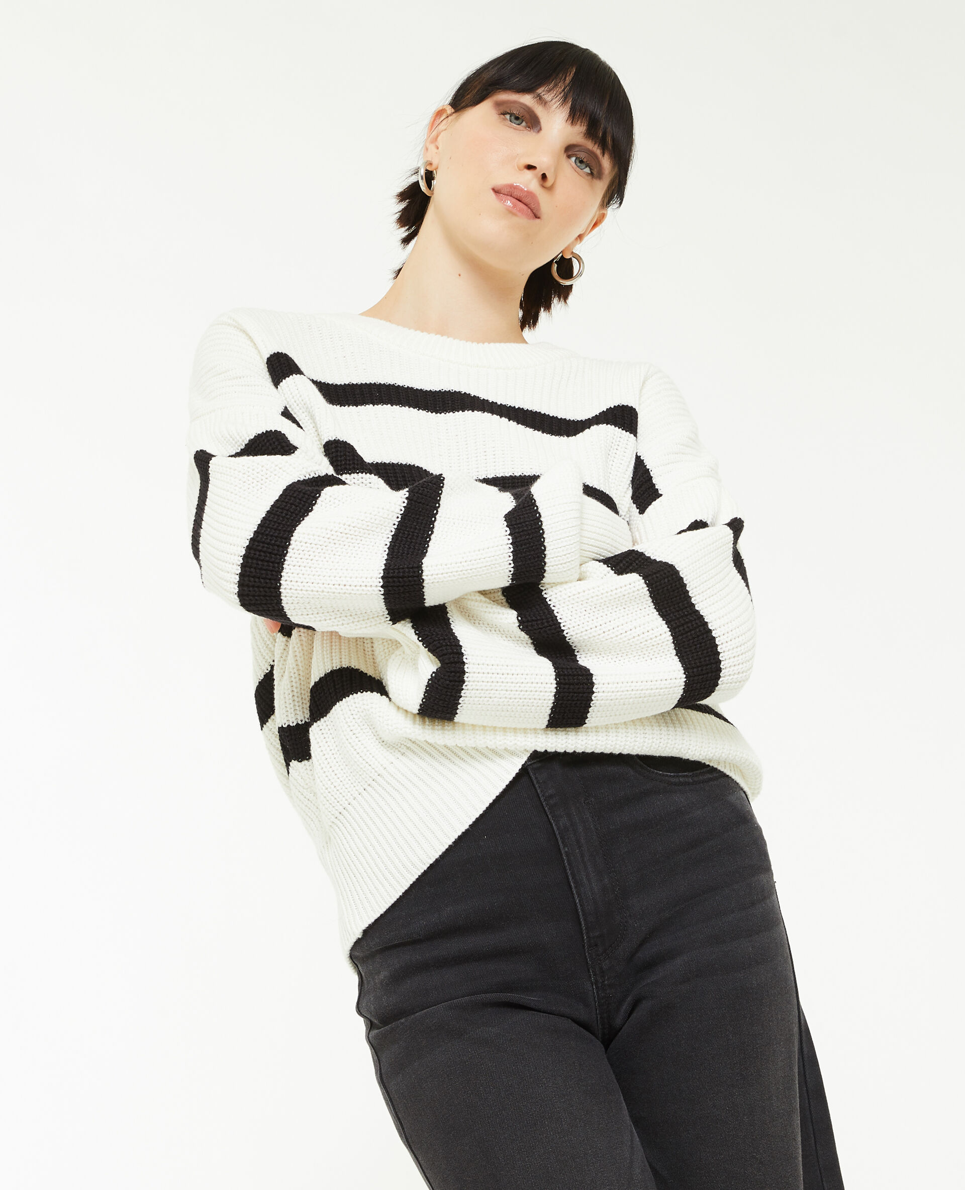 Pull col rond rayé - Noir