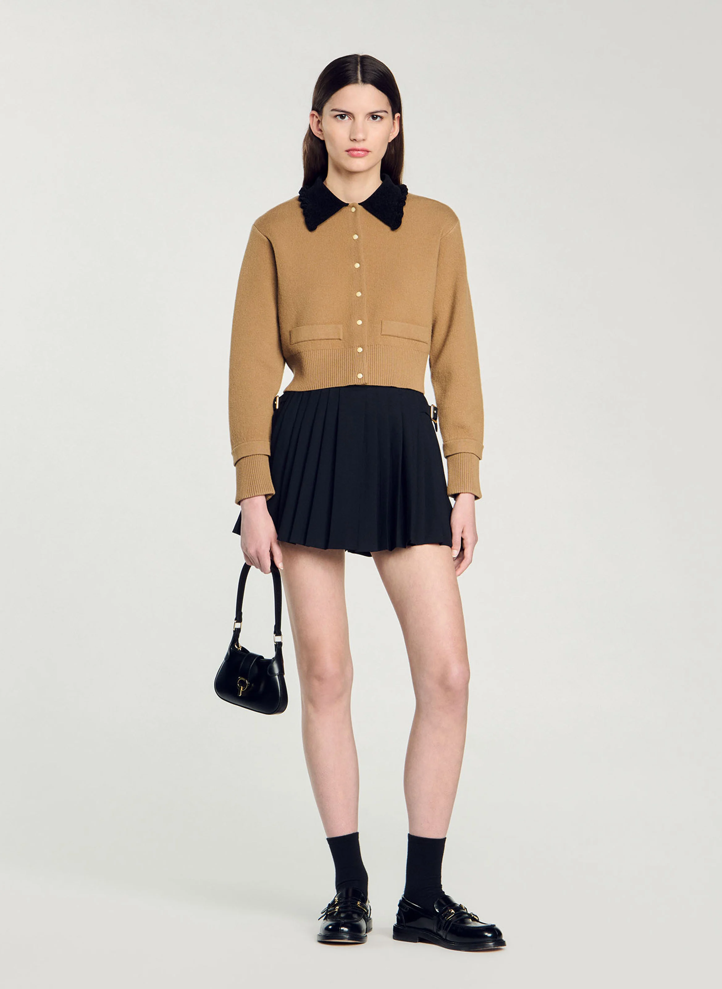 Cardigan cropped col chemise | Marron
