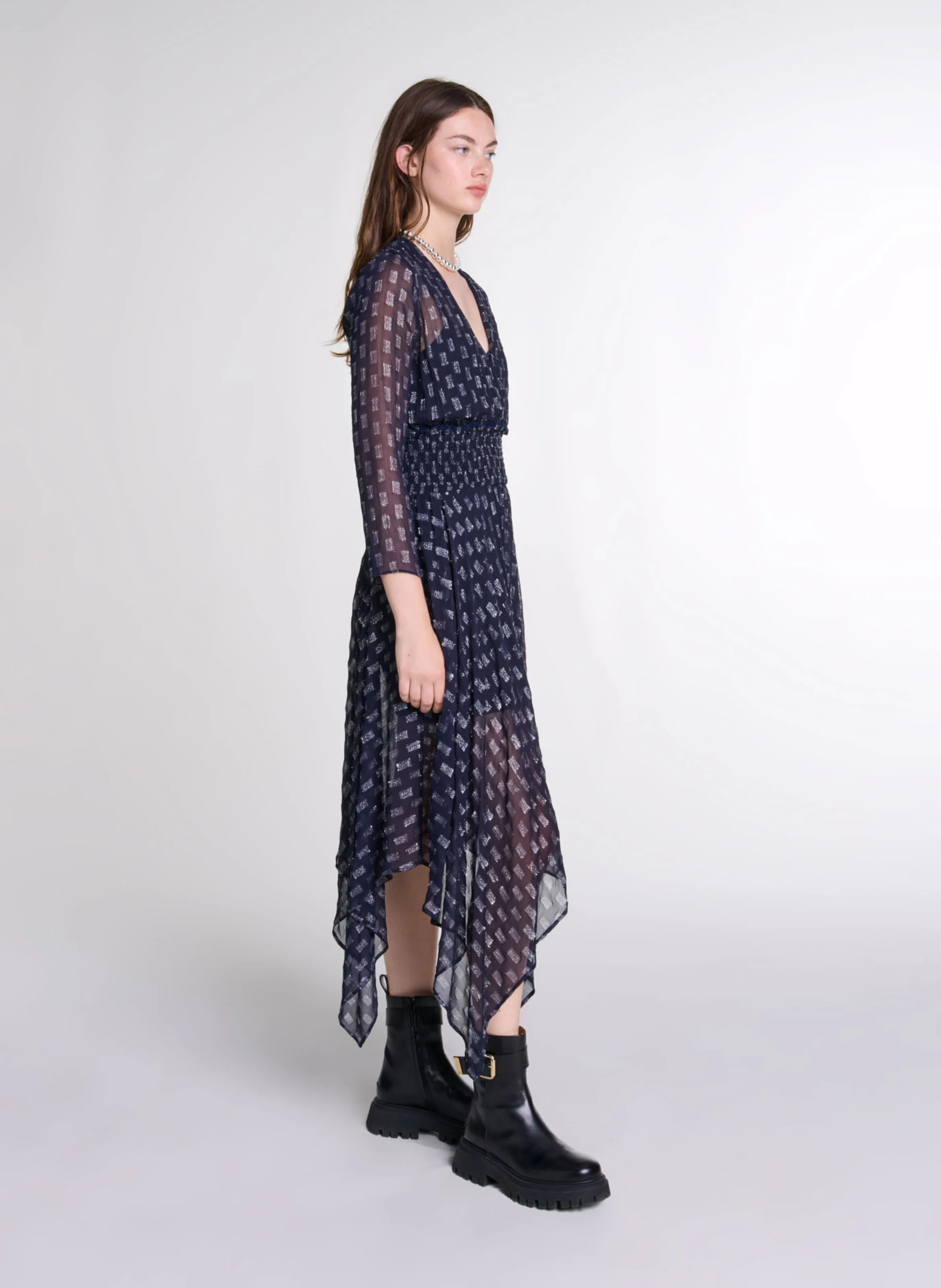 Robe longue cintrée col V | Bleu