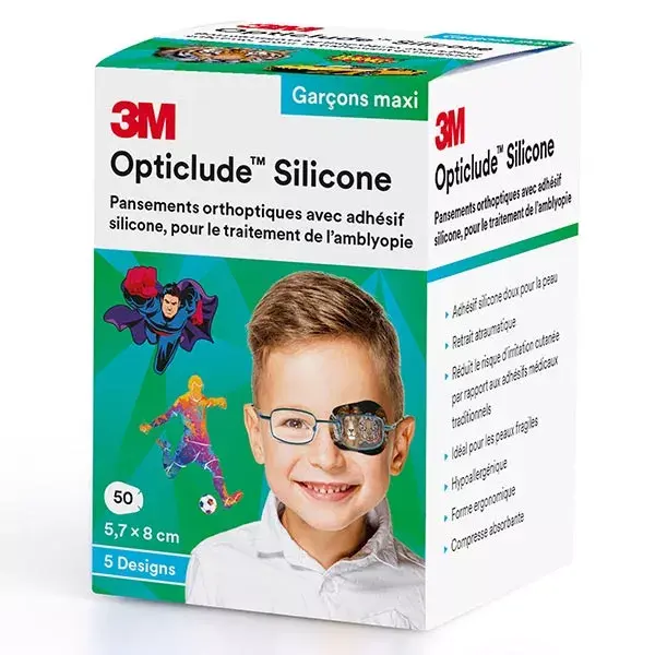 Adesivos ortopédicos de silicone 3M Opticlude para meninos, tamanho maxi, 50 unidades.