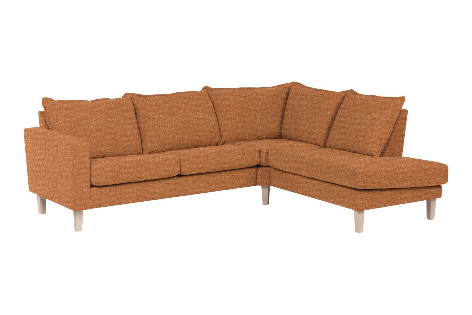 Slogen hjørnesofa Oppsett AH. 2,5-seter med åpen ende høyre. Tekstil Viva Rust med soft ryggpute. Vange B og hvitpigmentert ben 178.