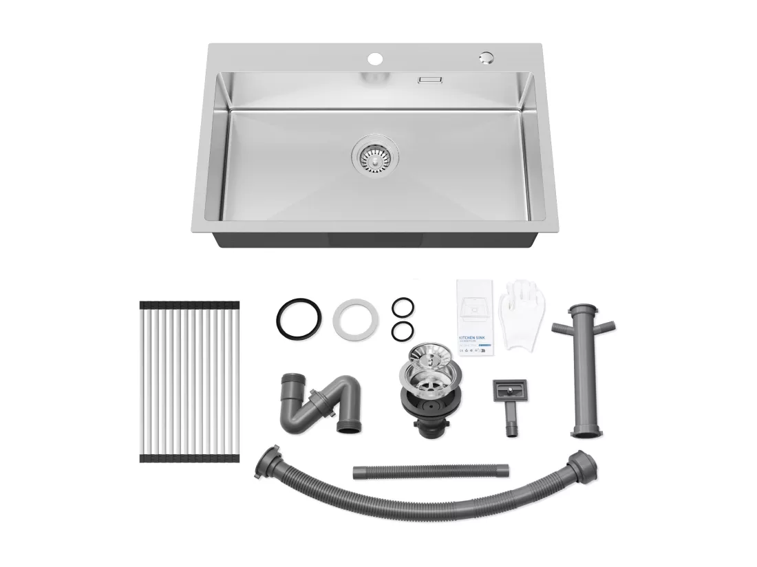 Auralum MAX Évier de Cuisine 1 Cuve Inox Brossé 304 75*45*19CM - Évier 1 Bac avec Égouttoir pliable-Grande Capacité avec Deux Trous de Montage